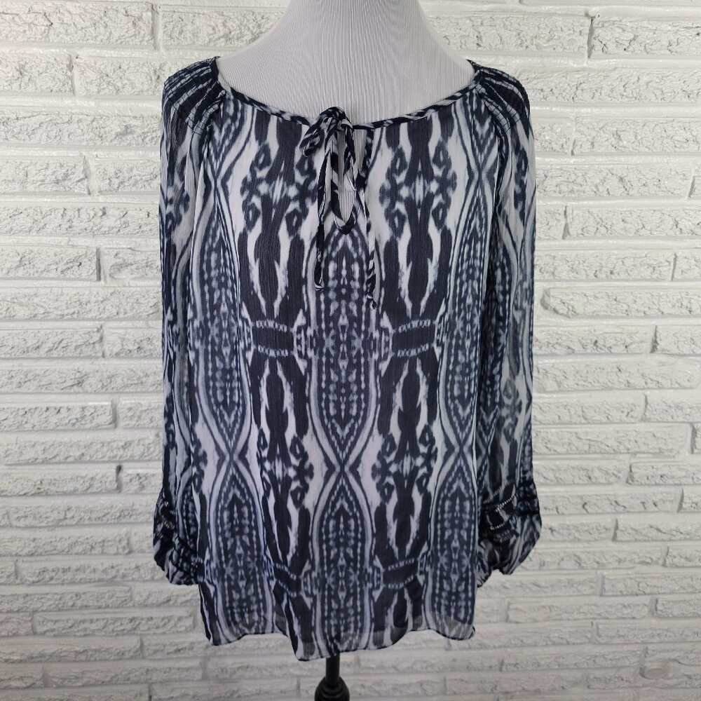Jones New York XL Top Blue Watercolor Keyhole Blouse Sheer Sleeve Lined WAT1E